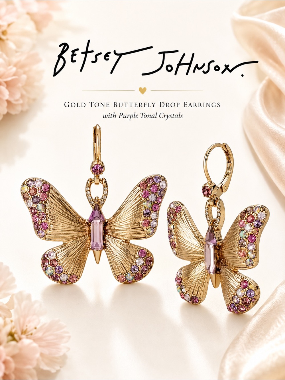 Betsey Johnson Gold Tone Butterfly Drop Earrings Purple Tonal Crystal Leverback - Picture 9 of 9